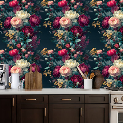 Peler et coller le papier peint luxueux pivoines florales foncées, feuilles vibrantes, papier de contact rétro, adhésif mural amovible, décoration murale pour armoires de cuisine de chambre à coucher 17,7 po x 118 po