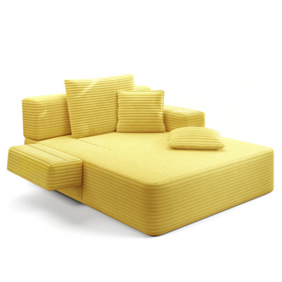 Luxurious Plush Corduroy Chaise Lounge with 3 Pillows, Convertible Sofa Bed with Storage Pocket, Frameless Design & Compression Foam for Small Spaces, Living Room, Apartment,Yellow