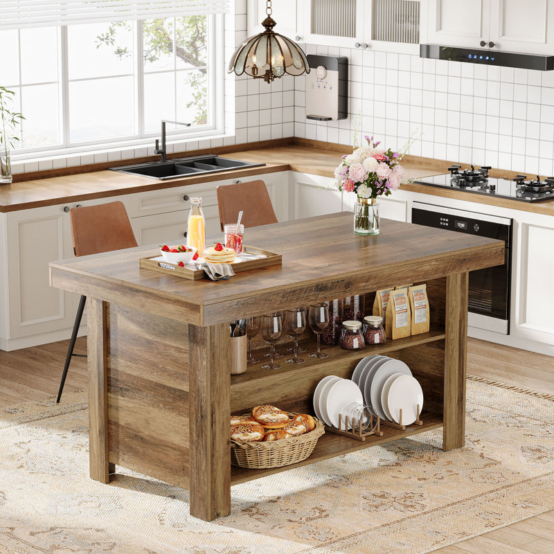 Îlot de cuisine de ferme avec tablettes de rangement, table d'îlot de 55 pouces avec grand comptoir, Brun