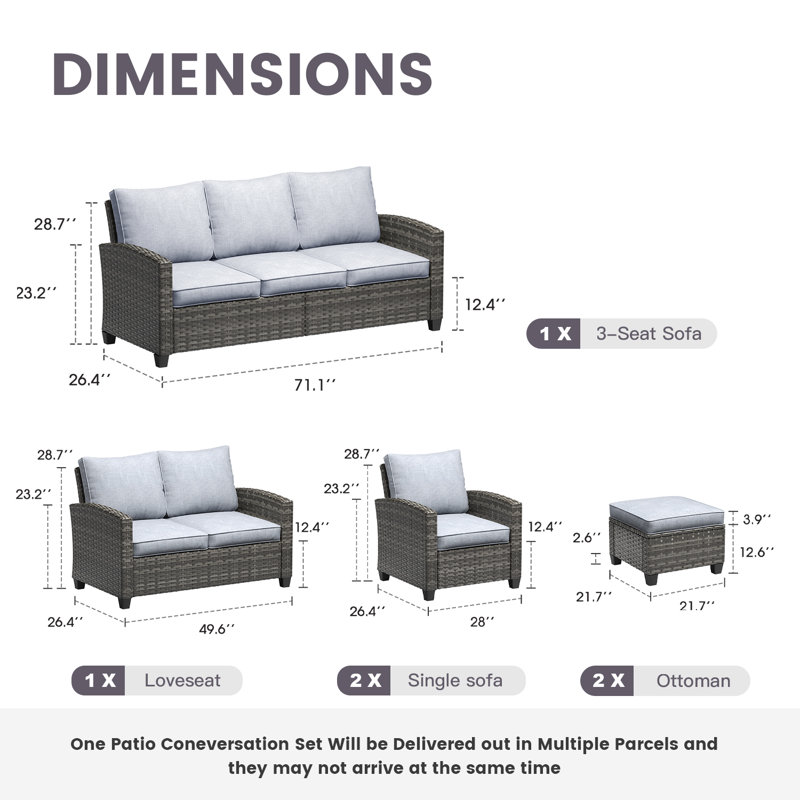 7 Seats Wicker Patio Conversation Set with Cushions, Gray Frame/Gray Cushion