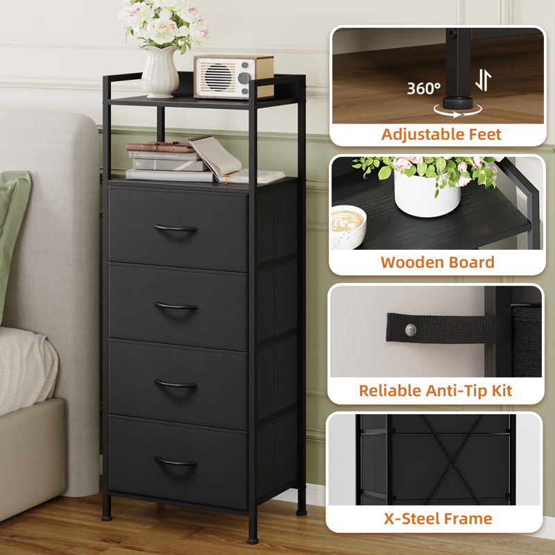 Table de chevet haute noire, 4 tiroirs verticaux en tissu pour la chambre à coucher, le salon et le couloir, Noir