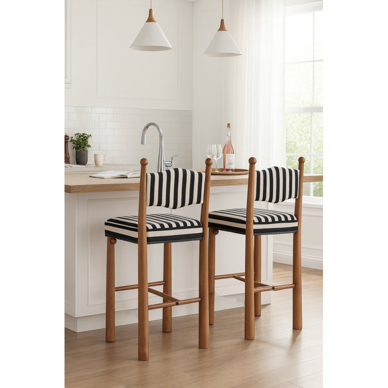 Tabouret de comptoir 2 pièces Stewart, Noyer, Mélange de polyester à rayures noires et blanche