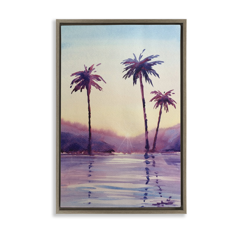 Purple Hued Palm Trees Floating Frame, design by Stephanie Fielden, 25" H x  17" W, Montalcino Elm Floater Frame