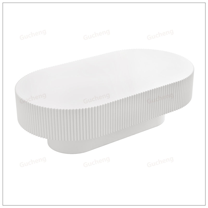 Table basse ovale élégante de 43,3 po de largeur avec plateau de 6,8 po d'épaisseur, table de bout tambour de style crème moderne, table centrale cannelée minimaliste avec base robuste pour le salon, assemblage facile