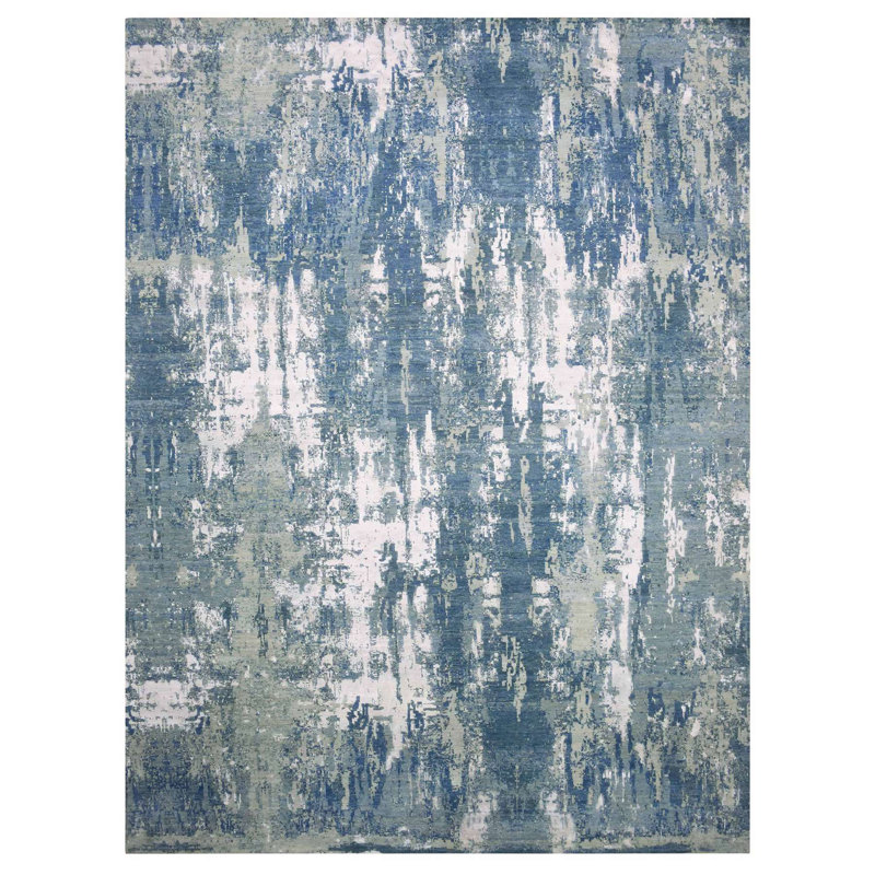 Tapis oriental surdimensionné en soie pure et en laine nouée à la main de conception abstraite bleu océanique 12 po x 15 po x 1 po 7C814019ACCE41C3928F4DA12244AB94