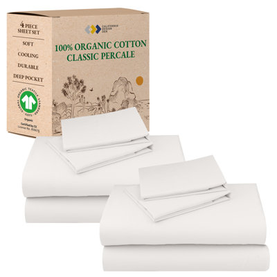 California Design Den Pack Of 2 100% Organic Cotton Sheet Sets - Crisp Percale, Lightweight, Breathable And Durable In Bright White