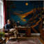 Fresque murale du lac au clair de lune, paysage nocturne de forêt de montagne-223479249-223479259