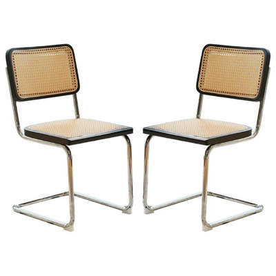 Ensemble de 2 chaises de salle à manger modernes, siège en bois de rotin, cuisine en acier chromé