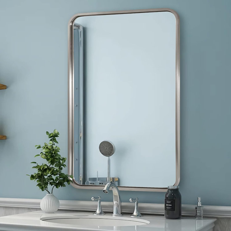 Miroir de salle de bain rectangulaire contemporain | Cadre épais en acier inoxydable, Nickel brossé, 30 po x 22 po