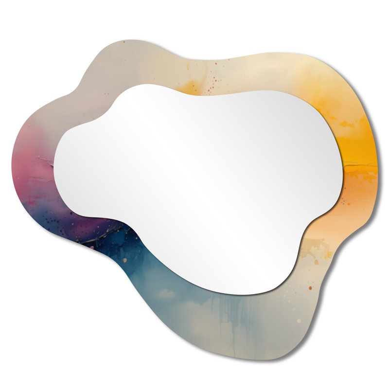 Dream Yellow Blue Coastal Waves Turbulence I - Drip Painting Asymmetrical Wall Mirror, Modern Vanity Mirror, Printed on Metal