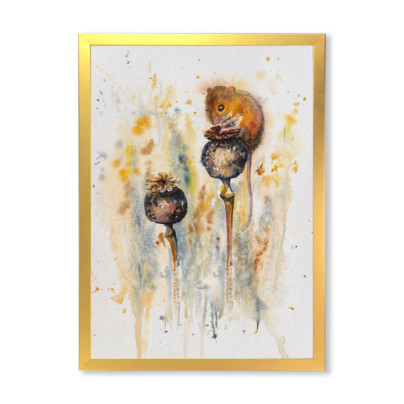 Souris assise sur des coquelicots - Peinture sur toile, H 32 po x l 16 po x P 1,5 po, Toile encadrée d'or