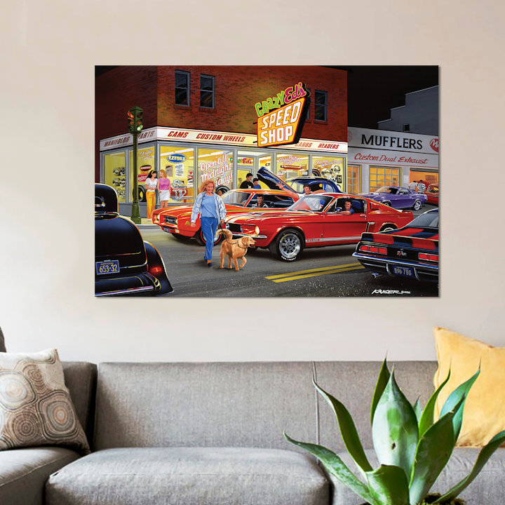 «Crazy Ed's» par Bruce Kaiser - Publicité rétro sur toile, H 26 po x l 40 po x P 1,5 po, Toile tendue