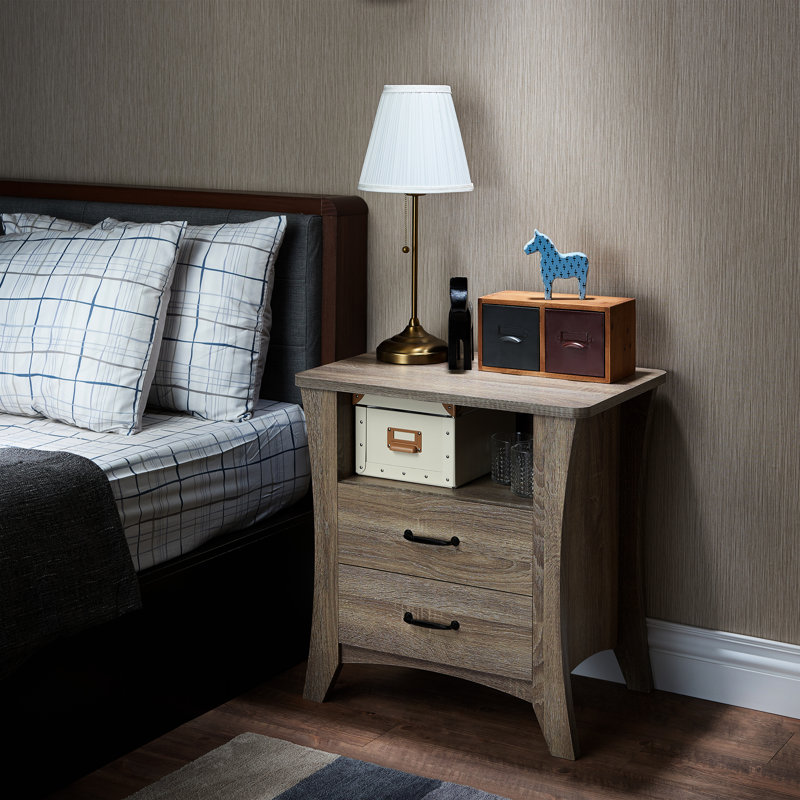 Rectangular Night Table With Open Shelf And 2 Drawers Accent Side Metal Glide