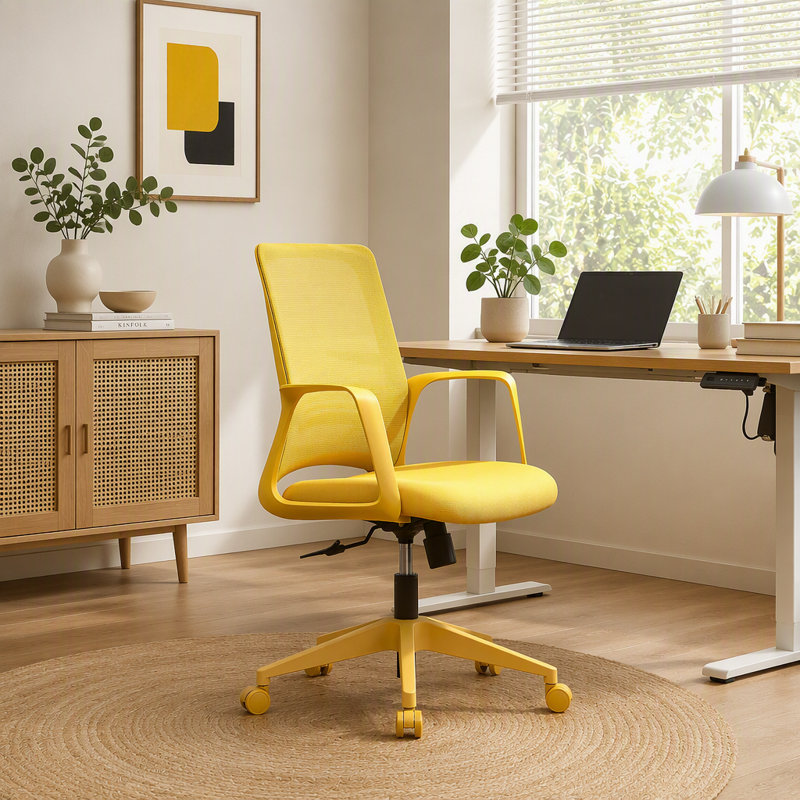 Fauteuil de direction ergonomique 350LBS, siège de bureau, tissu en filet, assise confortable, accoudoir intégré, fauteuil relevable et pivotant (jaune)