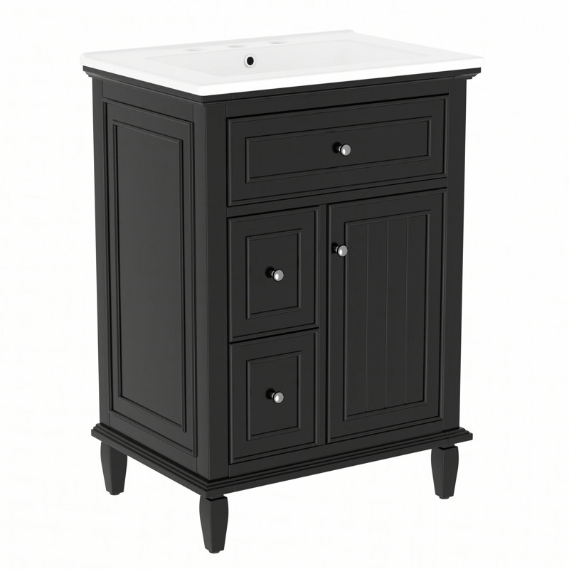 Meuble-lavabo 24 po avec lavabo, meuble-lavabo avec un tiroir rabattable et deux tiroirs, tablette réglable, bois massif et panneau de fibres à densité moyenne