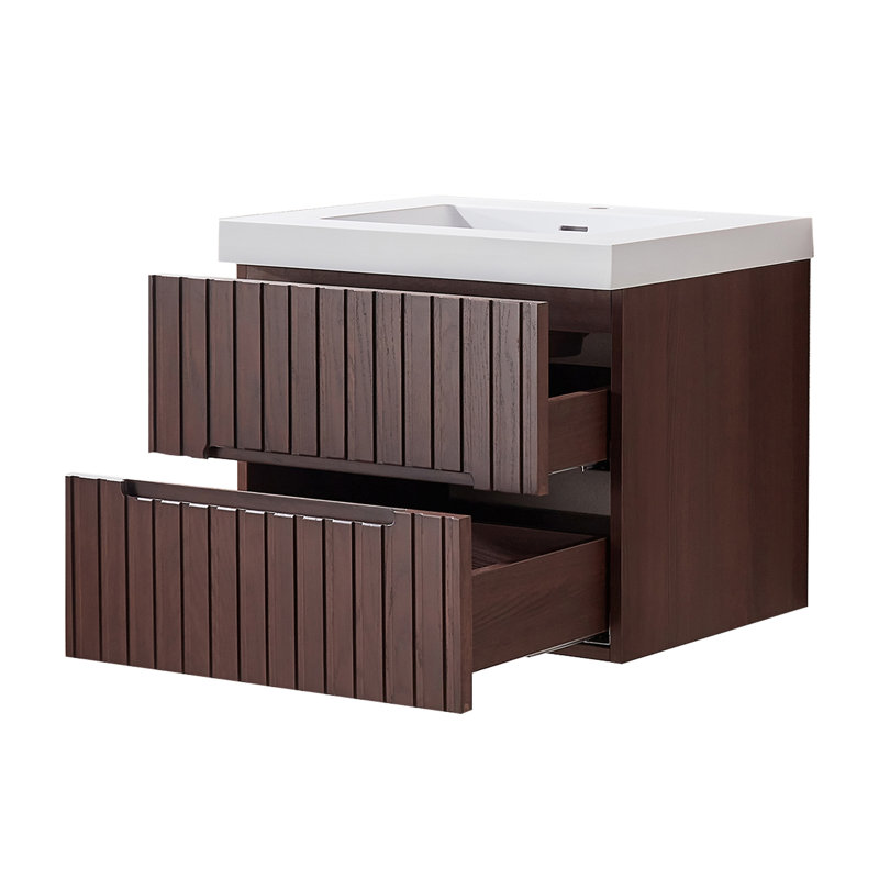 Meuble-lavabo simple mural et suspendu de 61 cm (24 po) en noyer foncé avec lavabo blanc intégré en acrylique, armoire en contreplaqué préassemblée avec 2 tiroirs