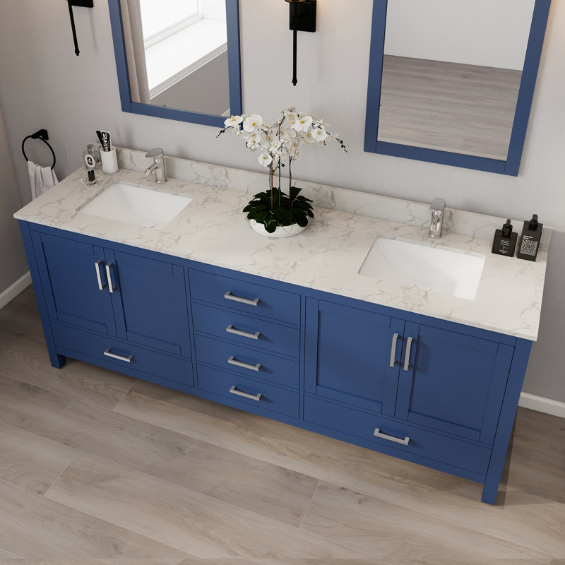 Meuble-lavabo autoportant 84 po avec lavabo double 84 po, 84", Bleu marine / nickel brossé
