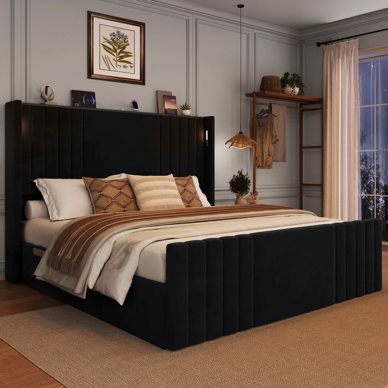 Velvet Upholstered Wingback Platform Bed, Black, Queen