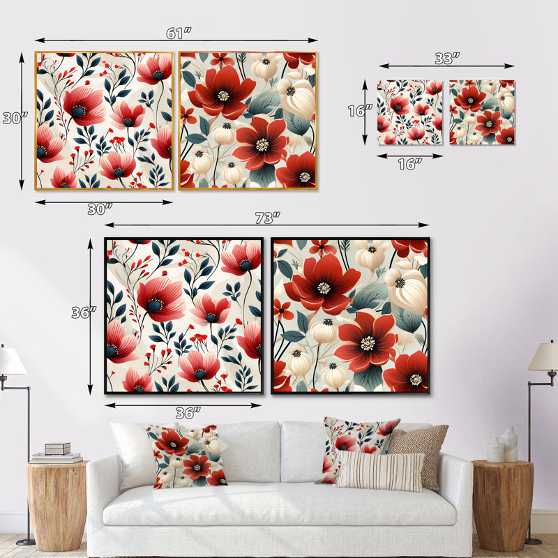 Davisboro - Ensemble de 2 collages carrés floraux, H 16 po x l 33 po, Cadre flottant blanc