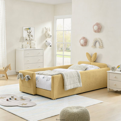 Lit plateforme tapissier simple avec tête de lit mignonne pour oreilles de lapin, barrière de sécurité et poche latérale, tissu Boucle, cadre de lit pour chambre d'enfant