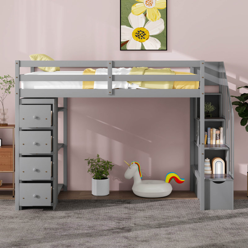 Lit mezzanine simple avec tiroirs et tiroirs de rangement, lit mezzanine en bois avec tablettes pour les adolescents