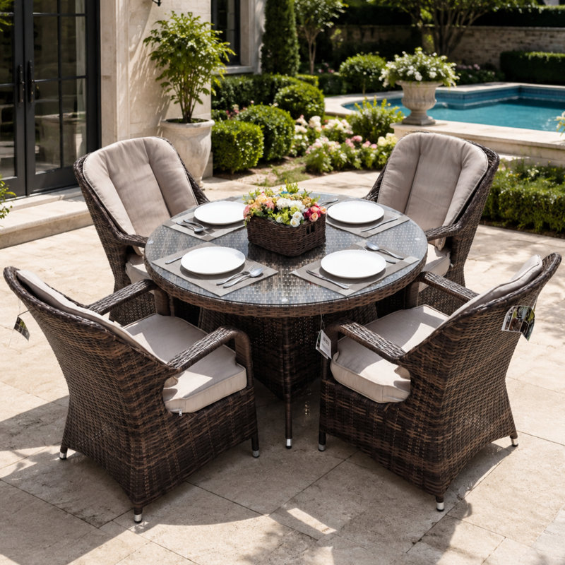 Guyer 4 - Person Wicker Patio Dining Set with Round Table , Cushions Included, Beige, Brown