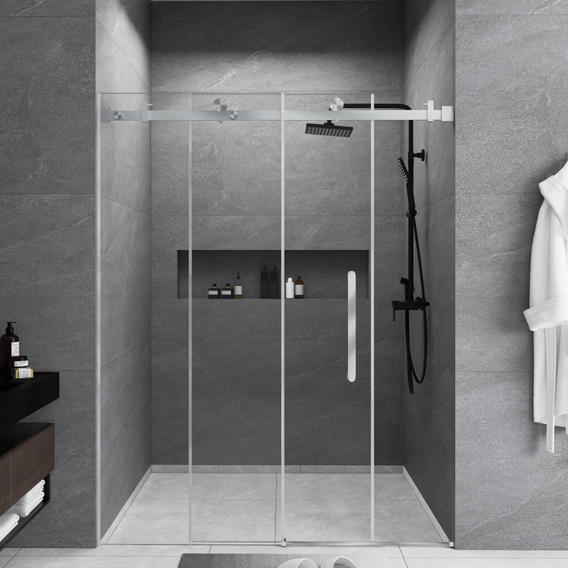 56-60 "W X 76" H Frameless | Single Sliding | Shower Door | 1/4 Inch Transparent Glass With Explosion Proof Film | Stainless Steel Handle | Square Tube Track | Brushed Nickel
