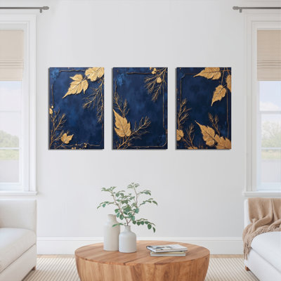 Feuille d'or et branches dorées, impression abstraite bleu marine sur toile (ensemble de 3)