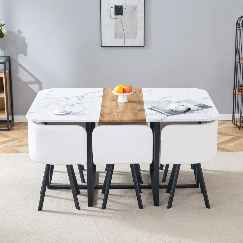 Table de salle à manger en bois avec chaises assorties pour les restaurants et les maisons avec surface à double face, structure en métal durable et assise confortable.