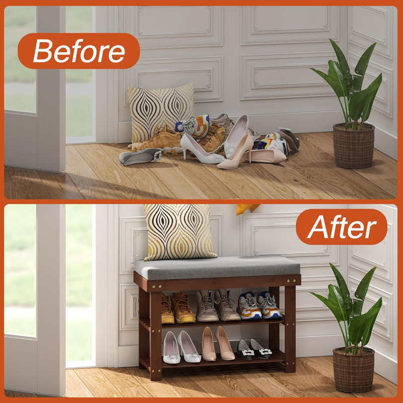 Bamboo Shoe Rack Bench, Storage Organizer with Padded seat, Brown