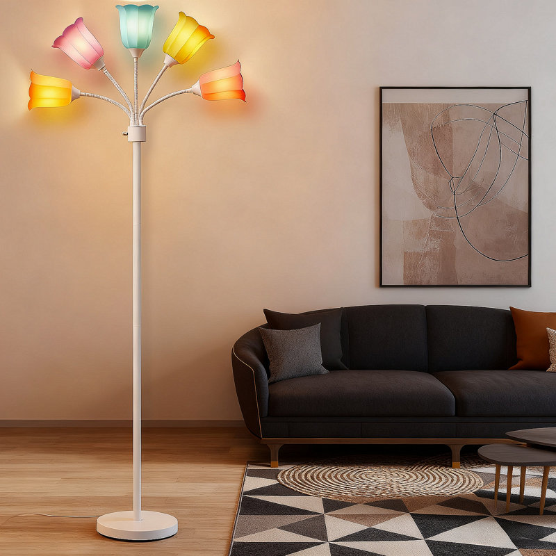 Modern Multi Head LED Floor Lamp - Adjustable Gooseneck Standing Lamp With 6 Color Lampshades, Tall Corner Lighting For Living Room, Bedroom, Office