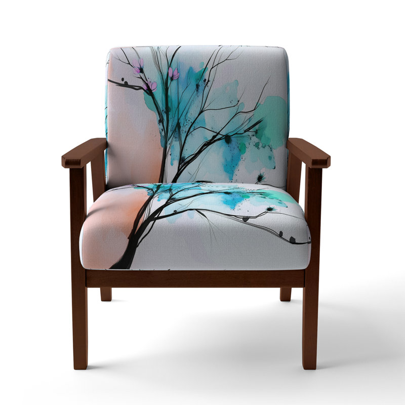 Geidel - Abstract Flowers - Upholstered Traditional Accent Arm Chair, Blue Polyester, Brown Square Arms