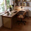 Bureau en bois massif en forme de L brun noyer + en rotin +-1124531164-1124531107