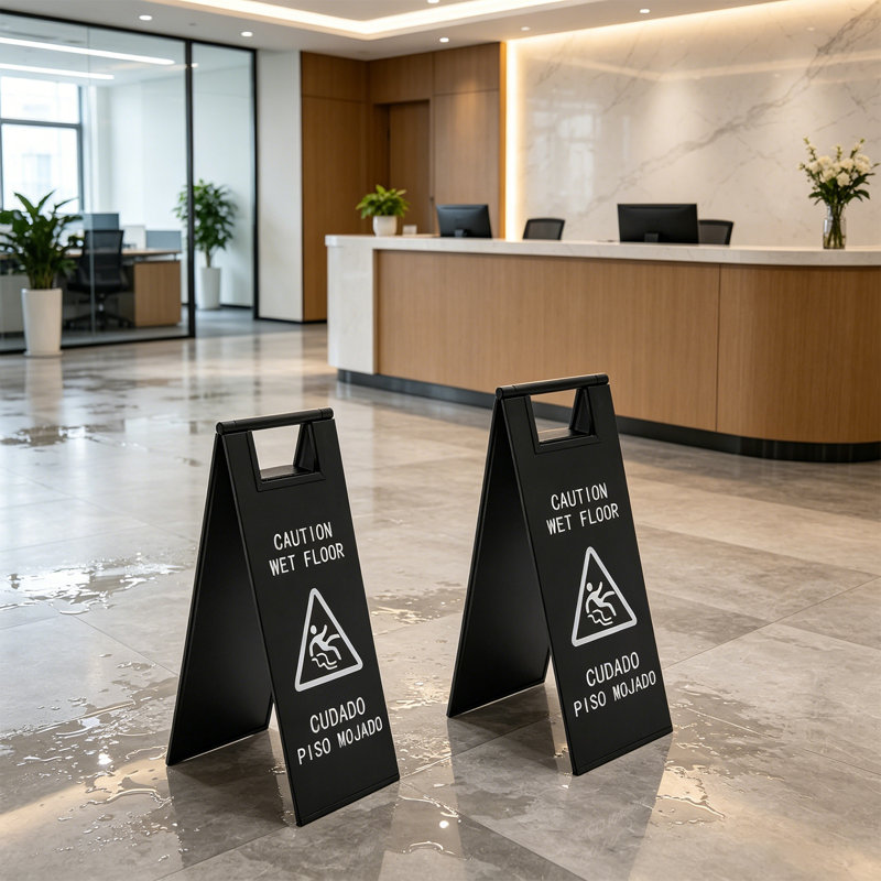 Double-Sided Caution Wet Floor Sign, Black