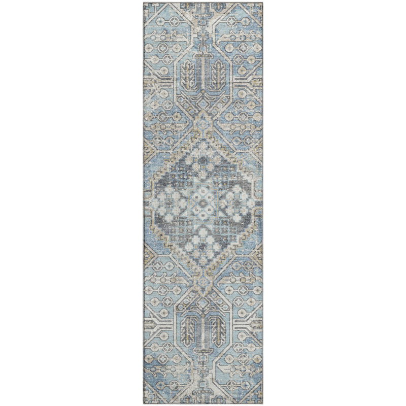 Premium Machine Washable Mayfield AMF2197 global Rug, Sky, 2'3" x 7'6" Runner