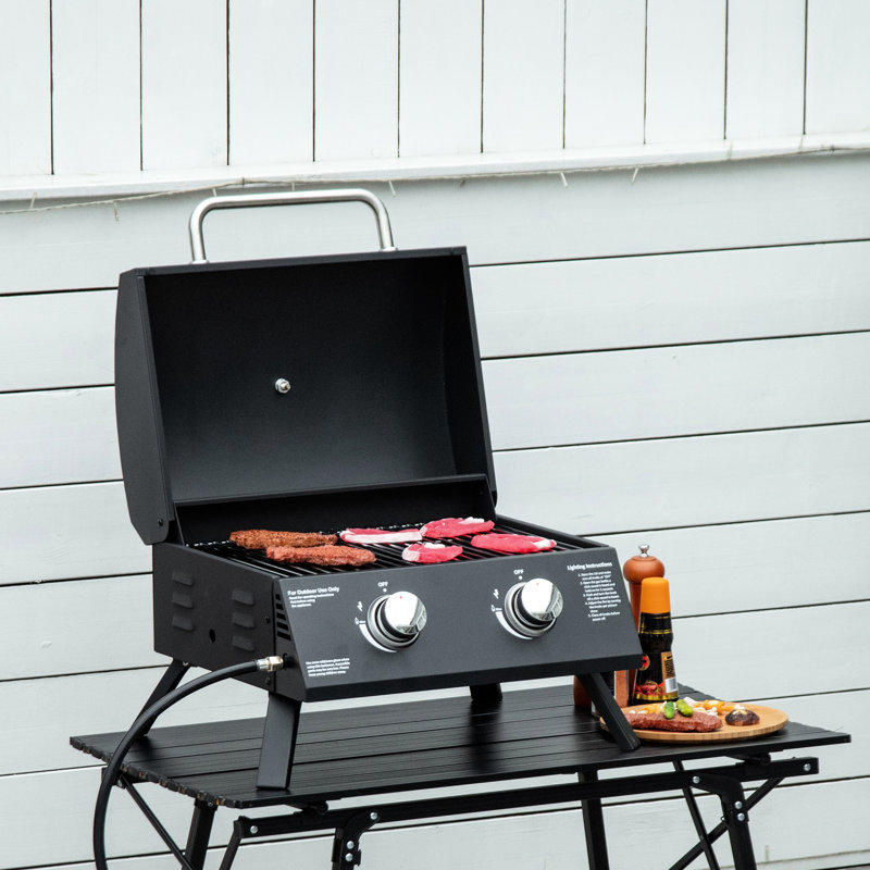 2 Burner Propane Bbq Grill , Portable And Compact. Foldable Legs, Smoke Lid, Thermometer. Black, Suited For Camping, Picnic, Backyard Tabletop Grill. For Enjoyment. Black Style