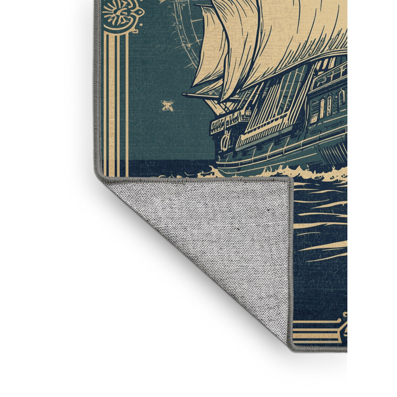 Machine Washable Mendon Pirate Sailing Ship Vintage Vintage Look Rug in Gray – Gray Binding, 5x7