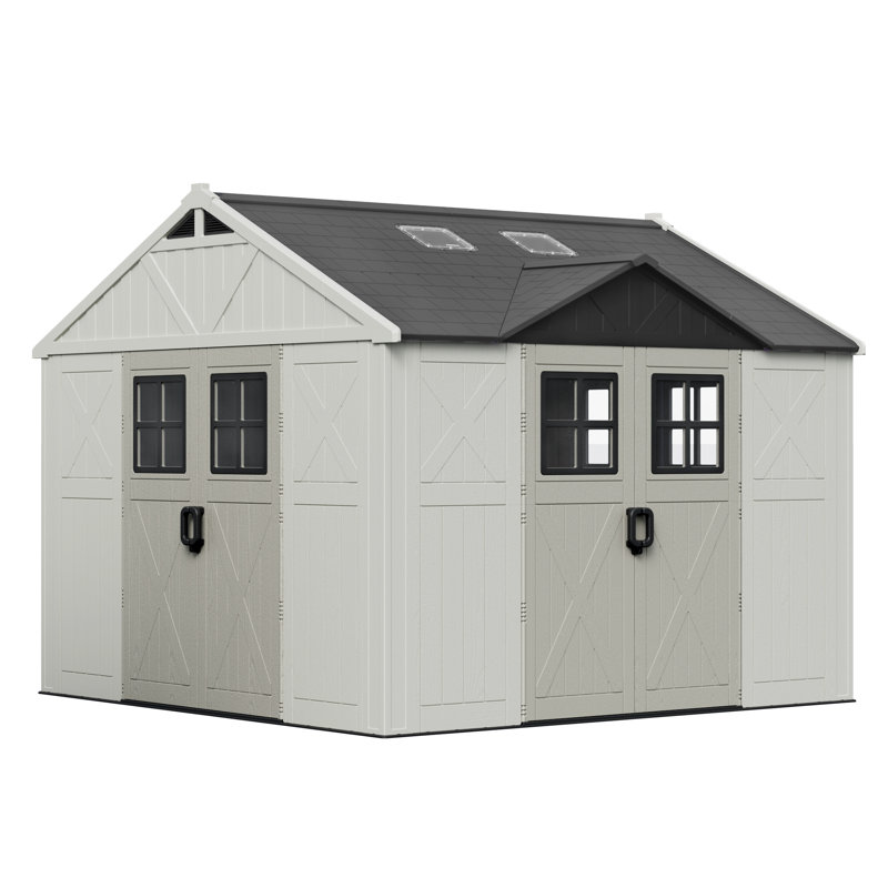 10 pi. L 10 pi. D Remise de rangement en plastique avec plancher et 3 portes verrouillables