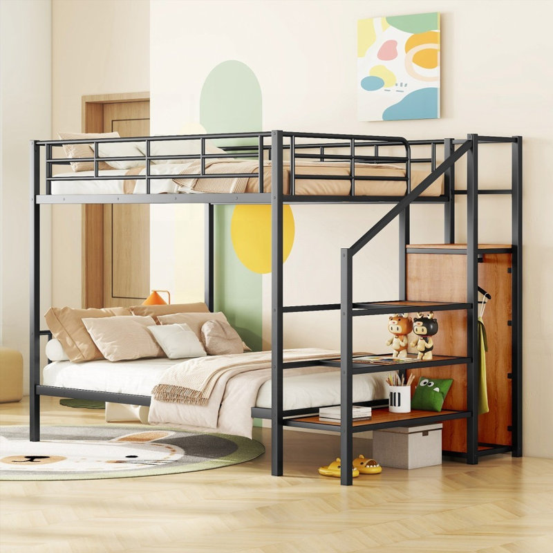 Lit superposé double au-dessus d'un lit double avec rangement latéral - Robuste Peu encombrant, noir, Noir, Lit double
