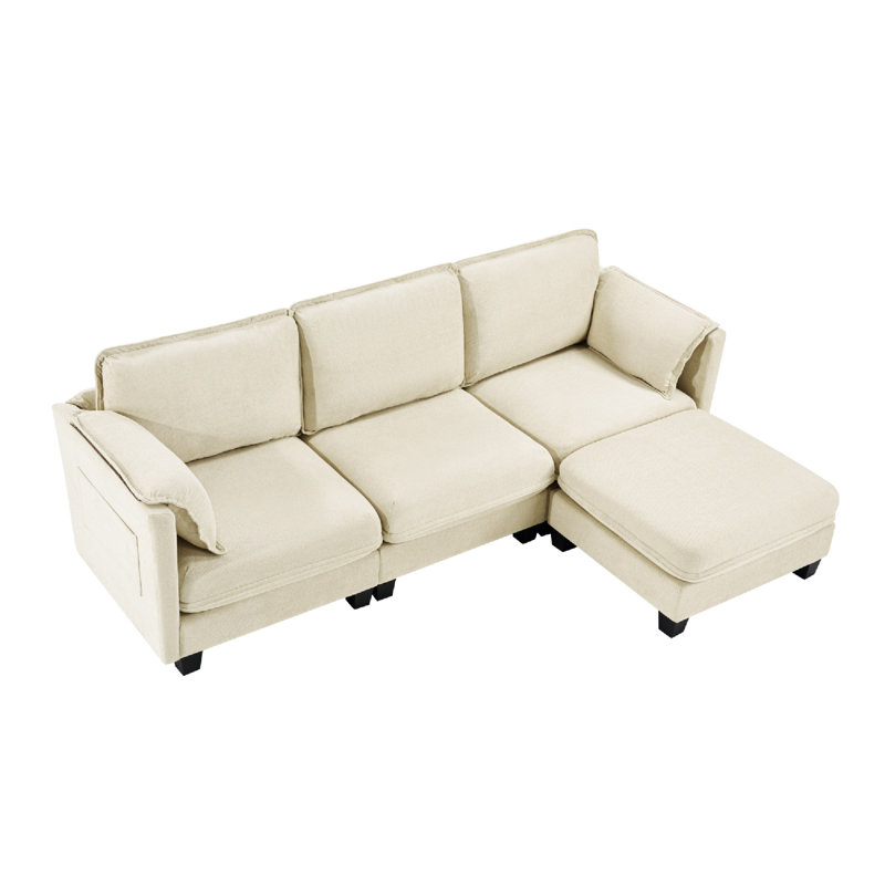 Canapé en L de 93 pouces avec tissu brossé en lin et coton, coussin d'accoudoir de rangement amovible, 3 places, idéal pour le bureau du salon et spacieux