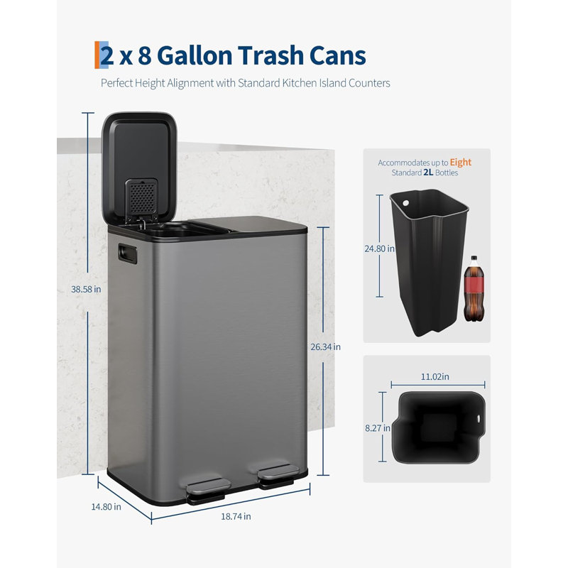 Double poubelle en acier inoxydable, 2 x 8 gallons avec couvercles, seaux intérieurs en polypropylène, revêtement de bordure, gris, déchets de cuisine et recyclage