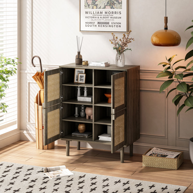 Buffet, armoire de buffet, buffet en bois, buffet en rotin, armoire avec portes, Gris