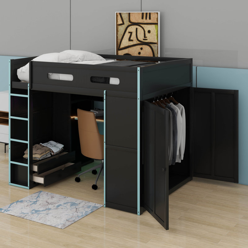 Full Size Wood Loft Bed With Desk,Wardrobe,RGB LED Light And Ample Storage Space, Black/Cloud Blue
