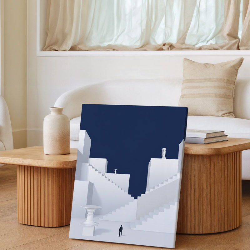 Toile, scène architecturale minimaliste mettant en vedette des bâtiments géométriques blancs Stark et des escaliers muraux qui montent vers une toile profonde