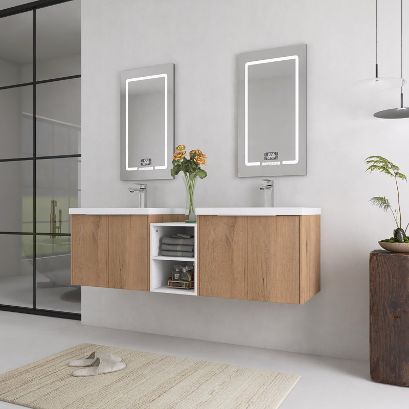Meuble-lavabo double 59,22 po avec plateau en résine Milroy, Chêne