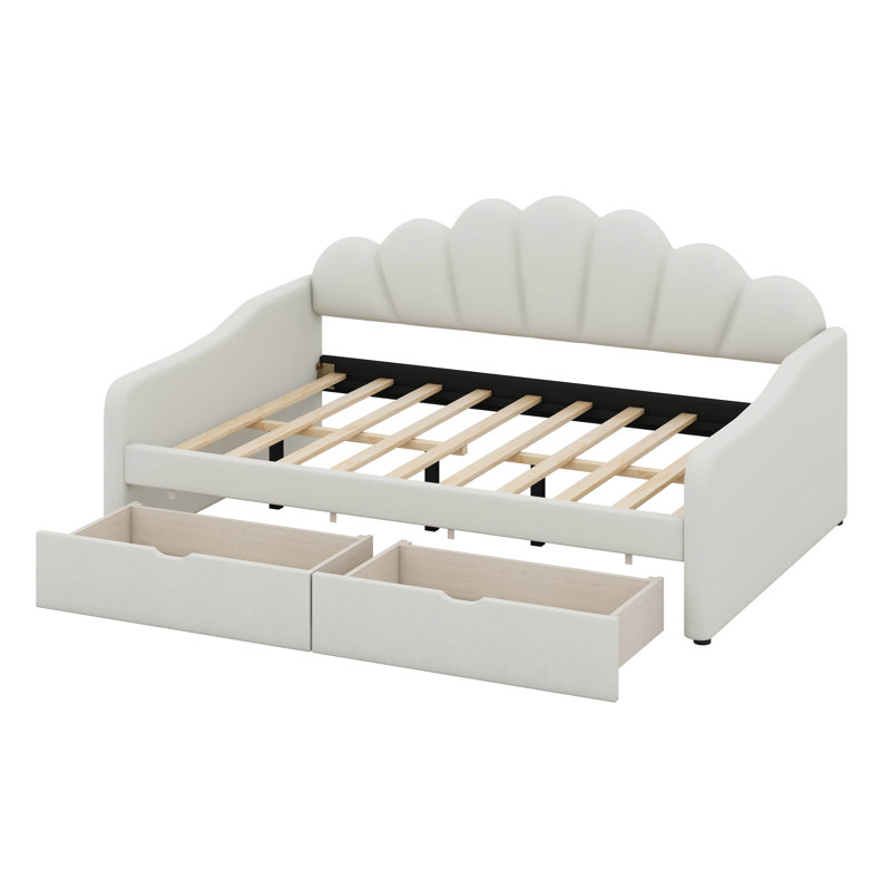 Lit de jour double avec rangement, cadre de lit de jour rembourré avec dossier de forme basse et 2 tiroirs, Beige