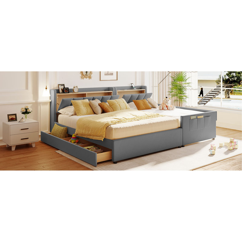 Grand lit plateforme tapissier avec lit simple TG, Gris