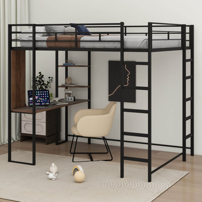Lit mezzanine double en métal avec 2 tablettes et 1 bureau Gerasim