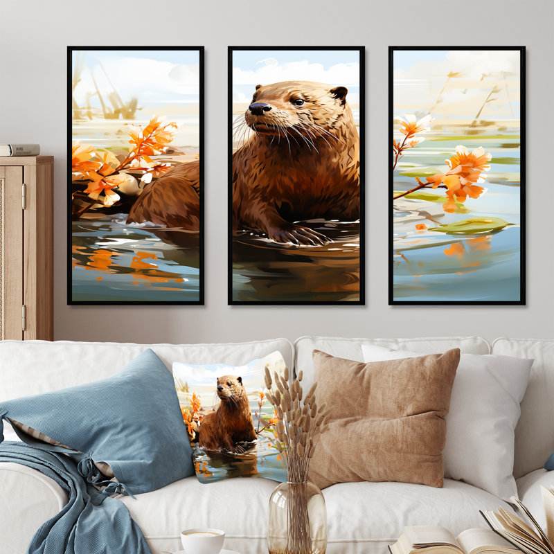Watercolor Stream Beaver Serenity II - Beaver, art mural, Cadre flottant noir, H 40 po x l 60 po