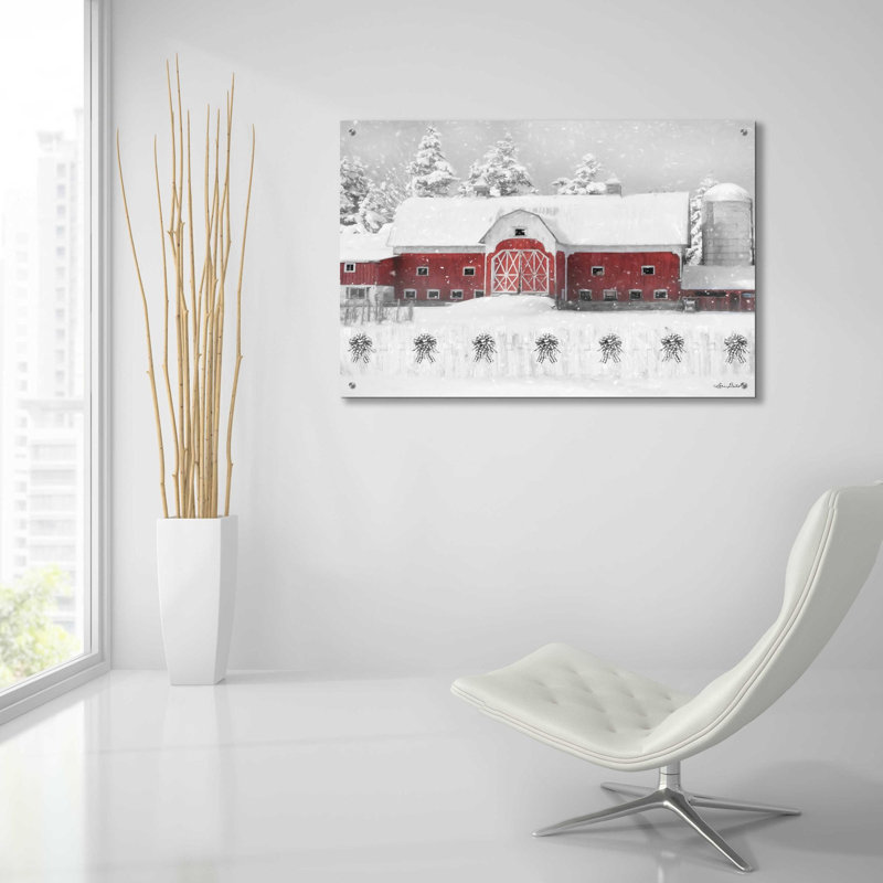 «Barn with Fence and Bows» par Lori Deiter, art mural en verre acrylique, H 24 po x l 36 po x P 0,2 po
